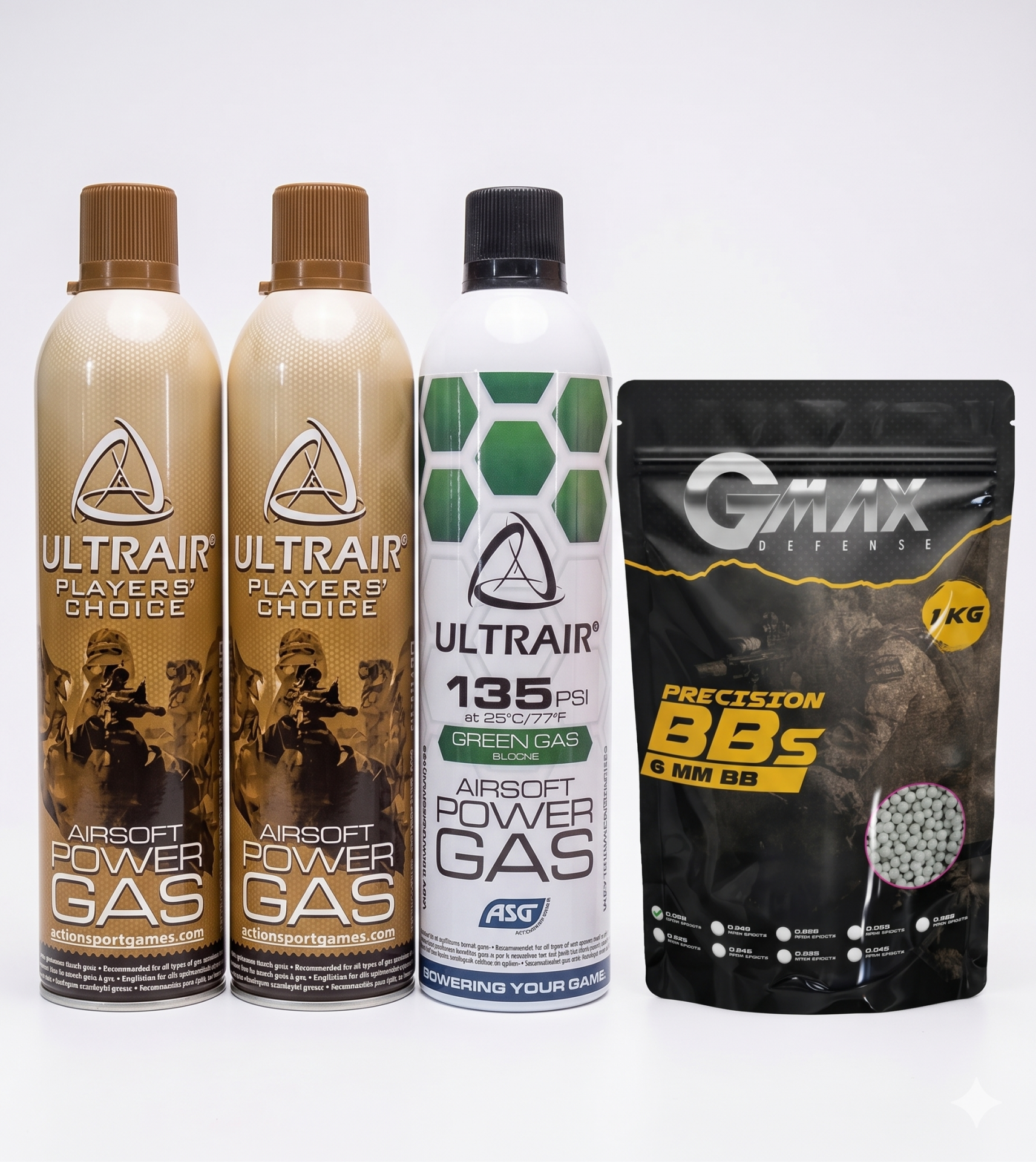Airsoft Pro Set 2x ASG Ultrair Power Gas + 1x ASG Green Gas + 2 Kg Gmax 0.20g BB